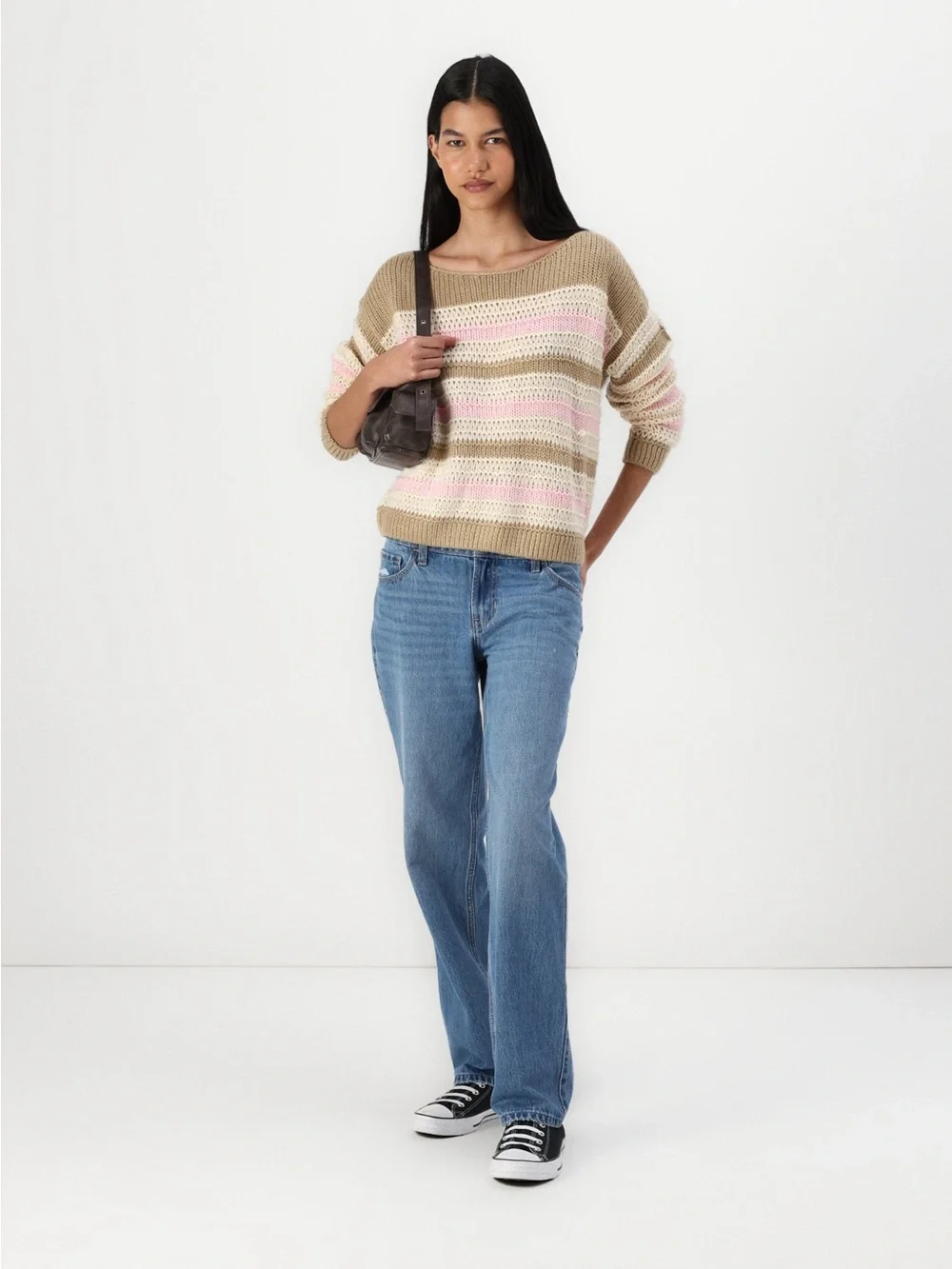 Hollister Striped Slouchy Off The Shoulder Knit Sweater in Beige, Pink & Cream